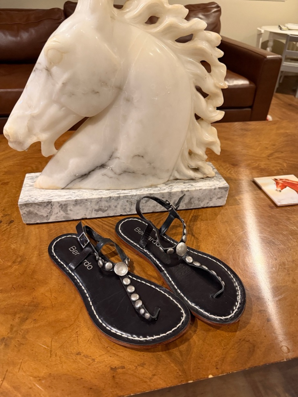 Bernardo Black Leather T-Strap Sandals with Silver Studs